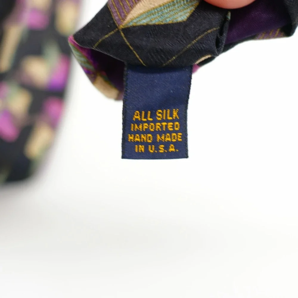 XMI Black Purple‎ Green Tan Abstract Woven Wide Silk Tie Made In USA